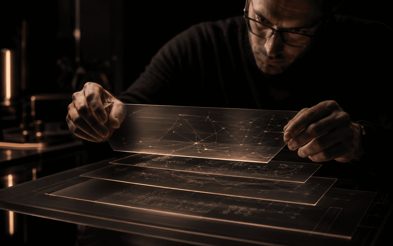 Engineer inspecting layered network diagrams on glass sheets
