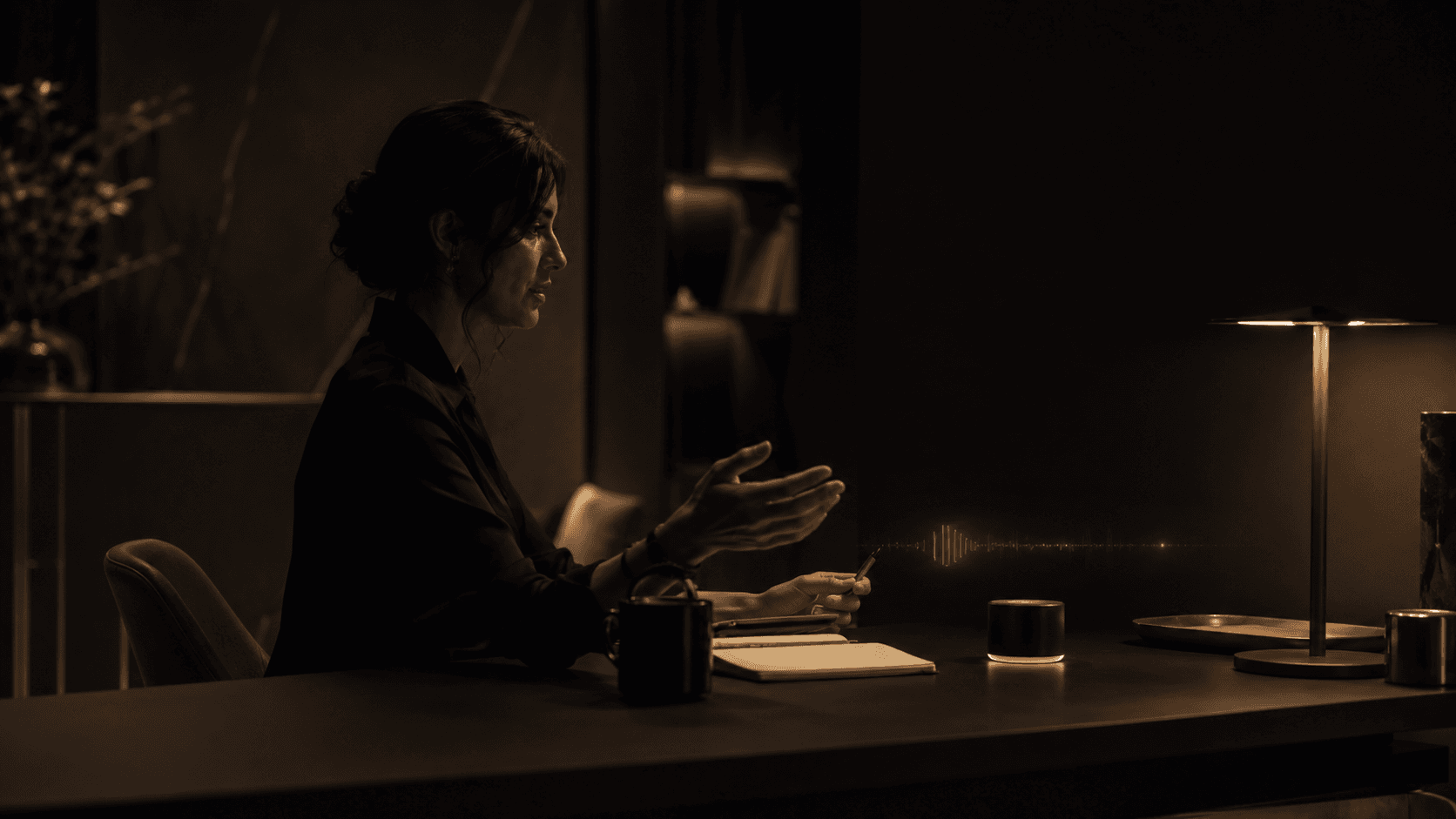 A focused working session at a dark desk with a quiet signal in the air