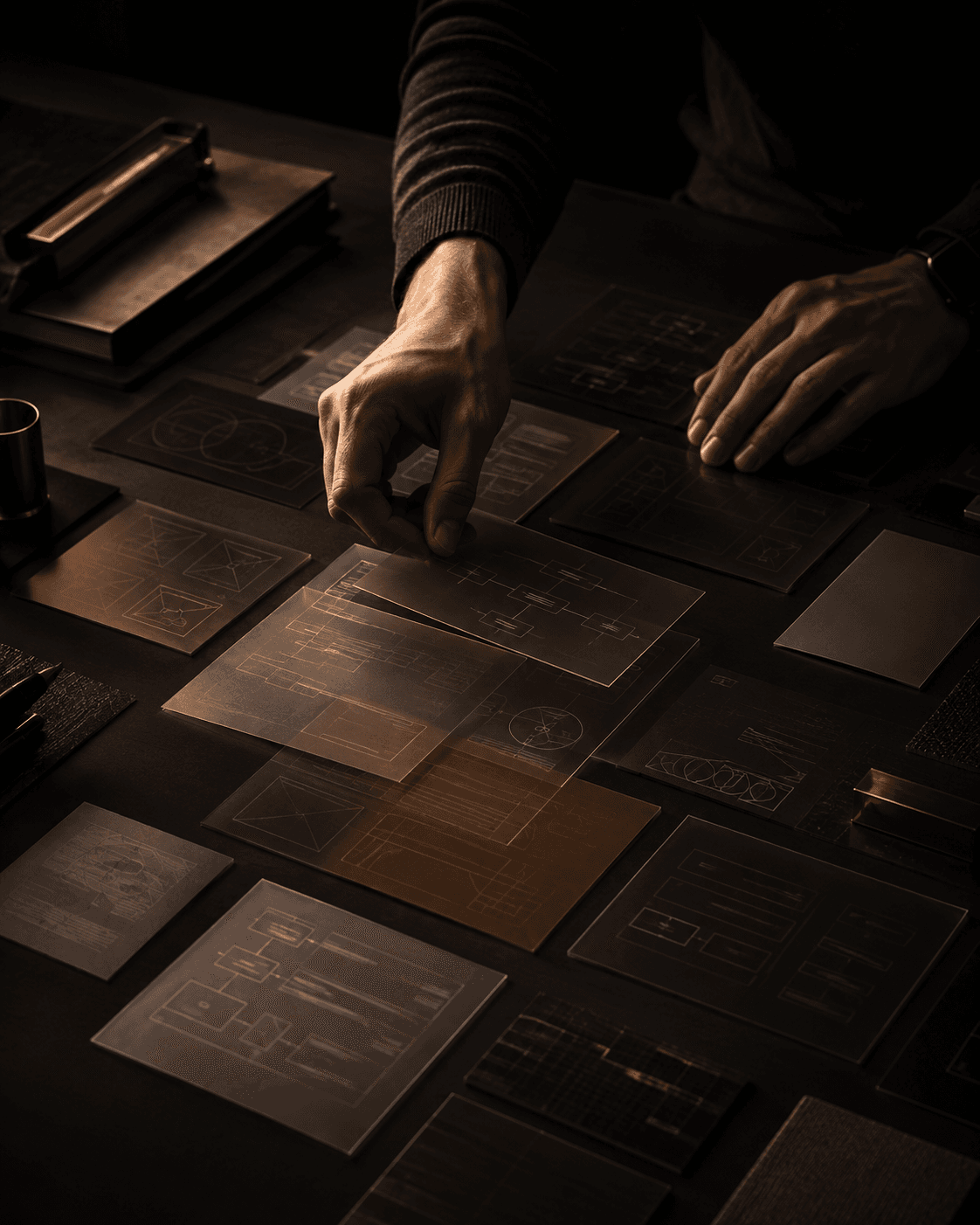 Hands arranging translucent craft diagrams on a dark work surface