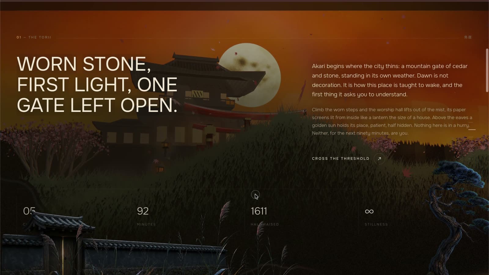 Akari chapter one, The Torii, with its worn-stone headline and dawn-lit mountain gate.