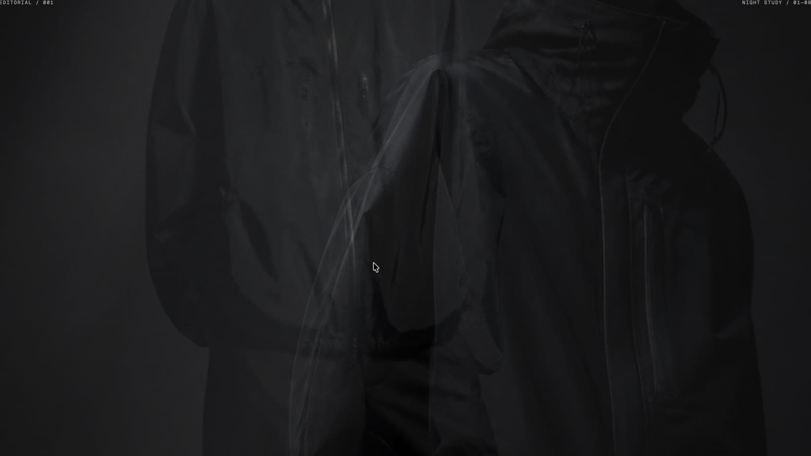 VANTA FORM close-up material and garment imagery in a dark editorial composition.