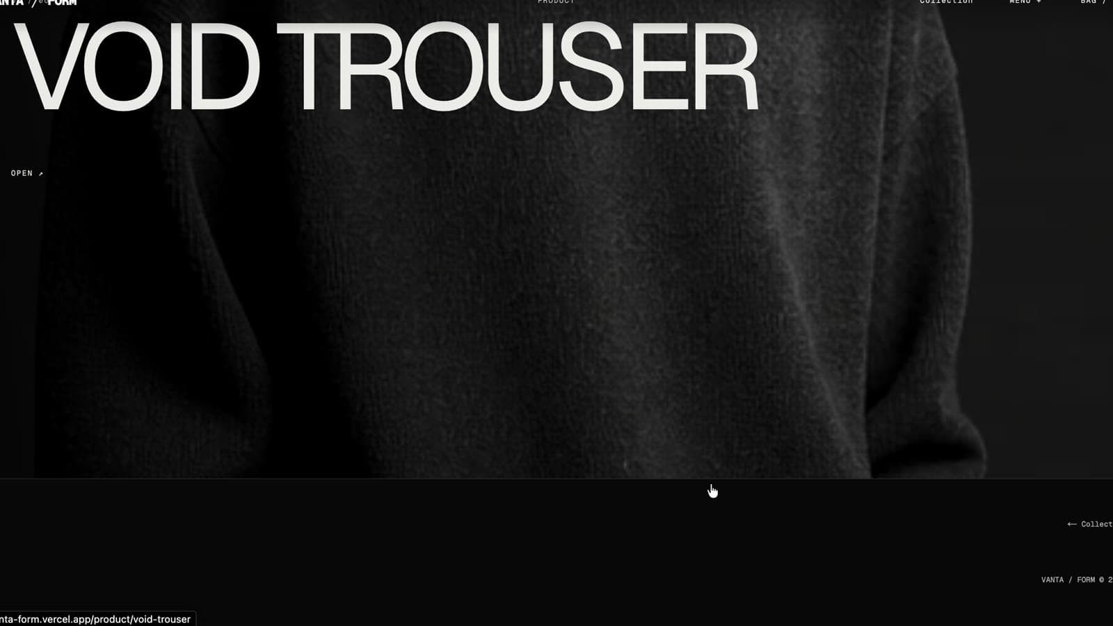 VANTA FORM Void Trouser product-detail experience with large fabric imagery.