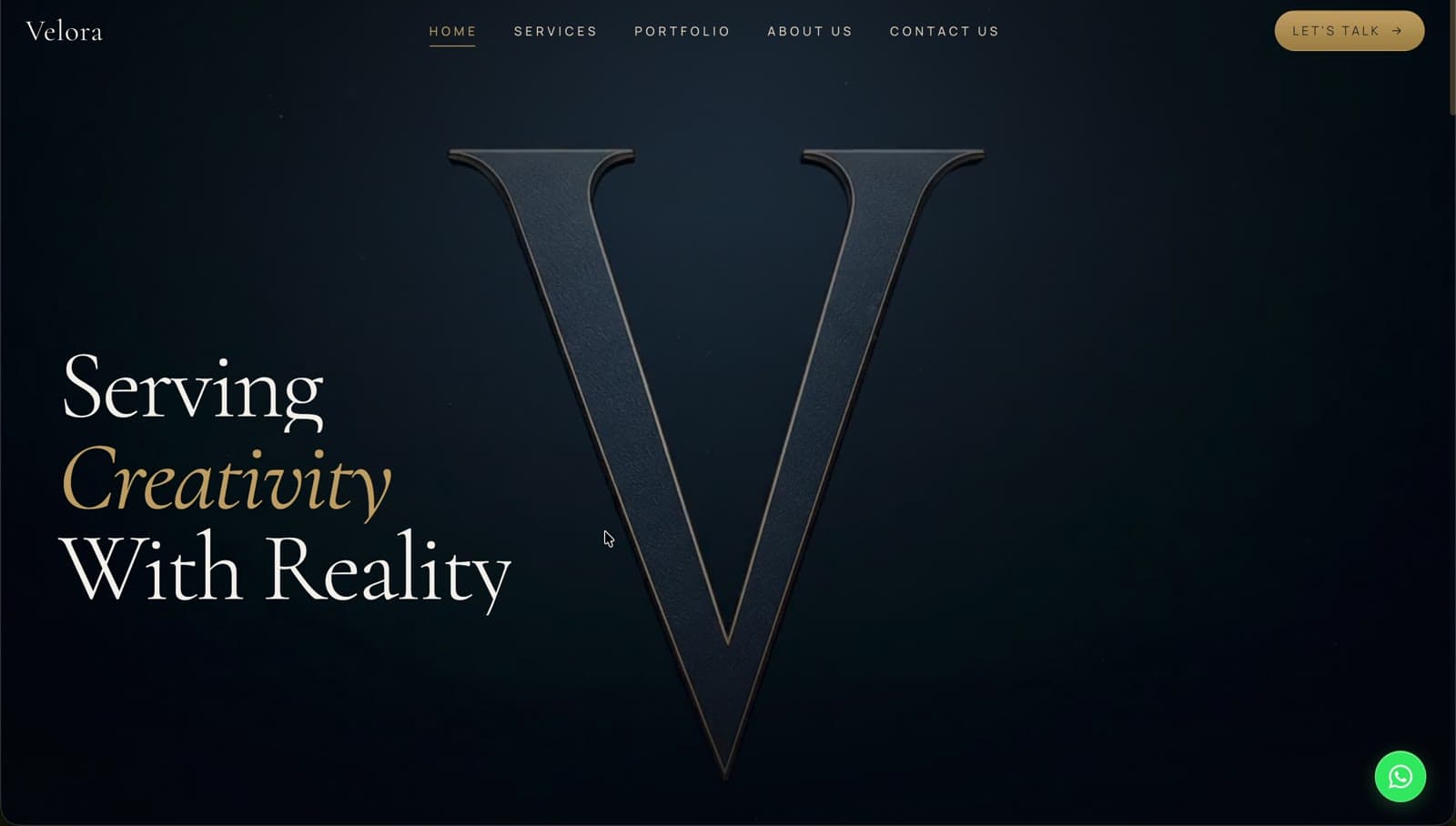 The Velora website showing an image-led creativity composition.