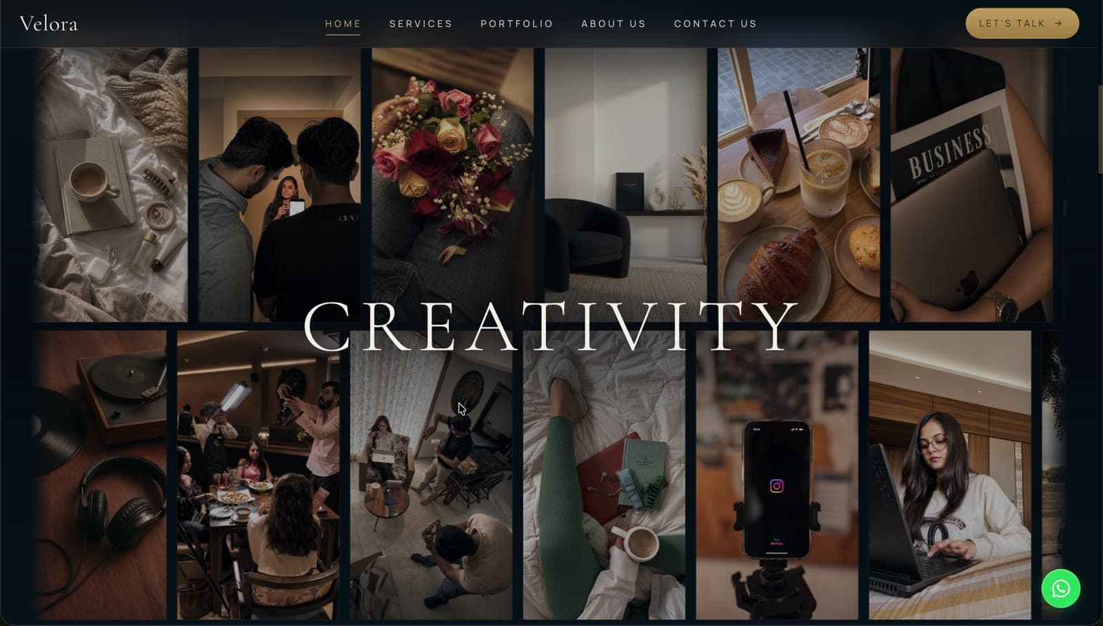 The Velora website showing services, collaborations and portfolio presentation.