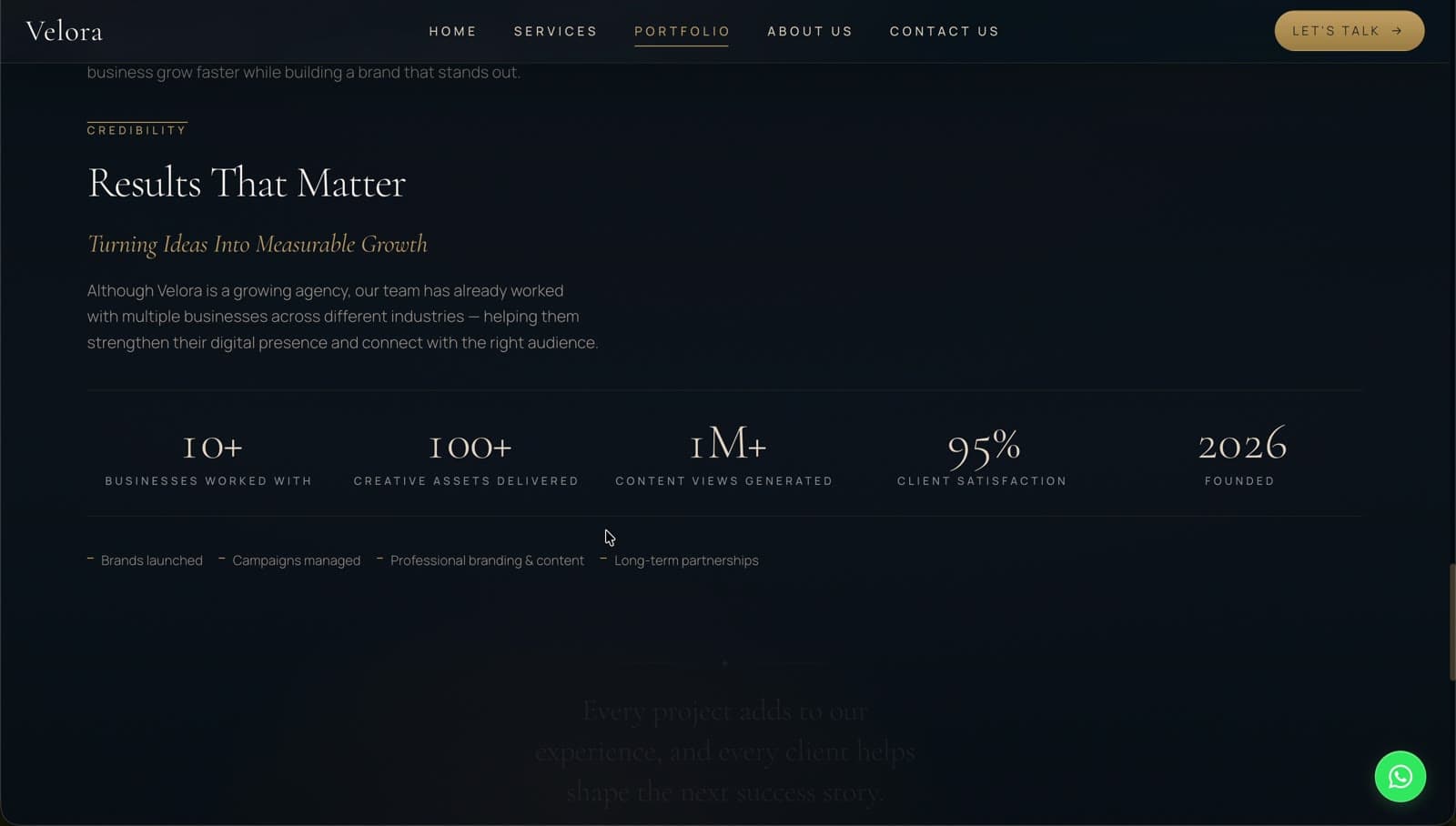 The Velora website contact section and footer.