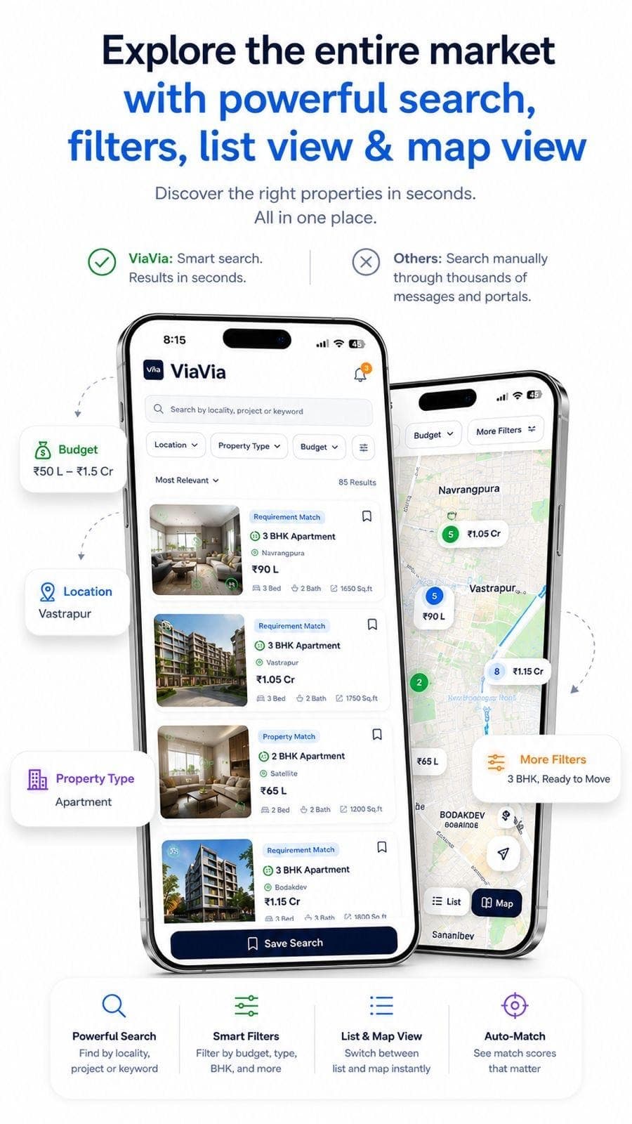 ViaVia search, filters, list view and map-based real-estate discovery.
