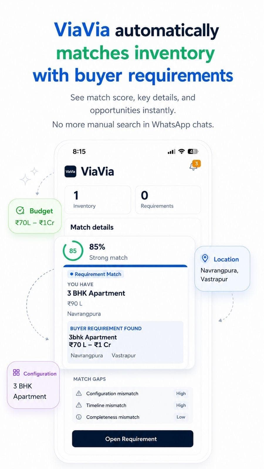 ViaVia match details showing an 85 percent property-to-requirement match.