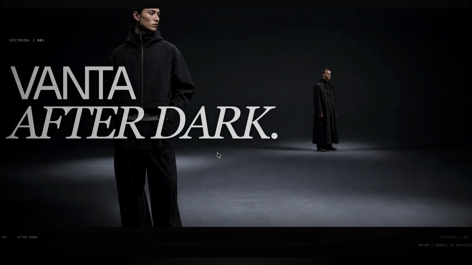VANTA FORM editorial sequence with oversized After Dark typography and technical outerwear.