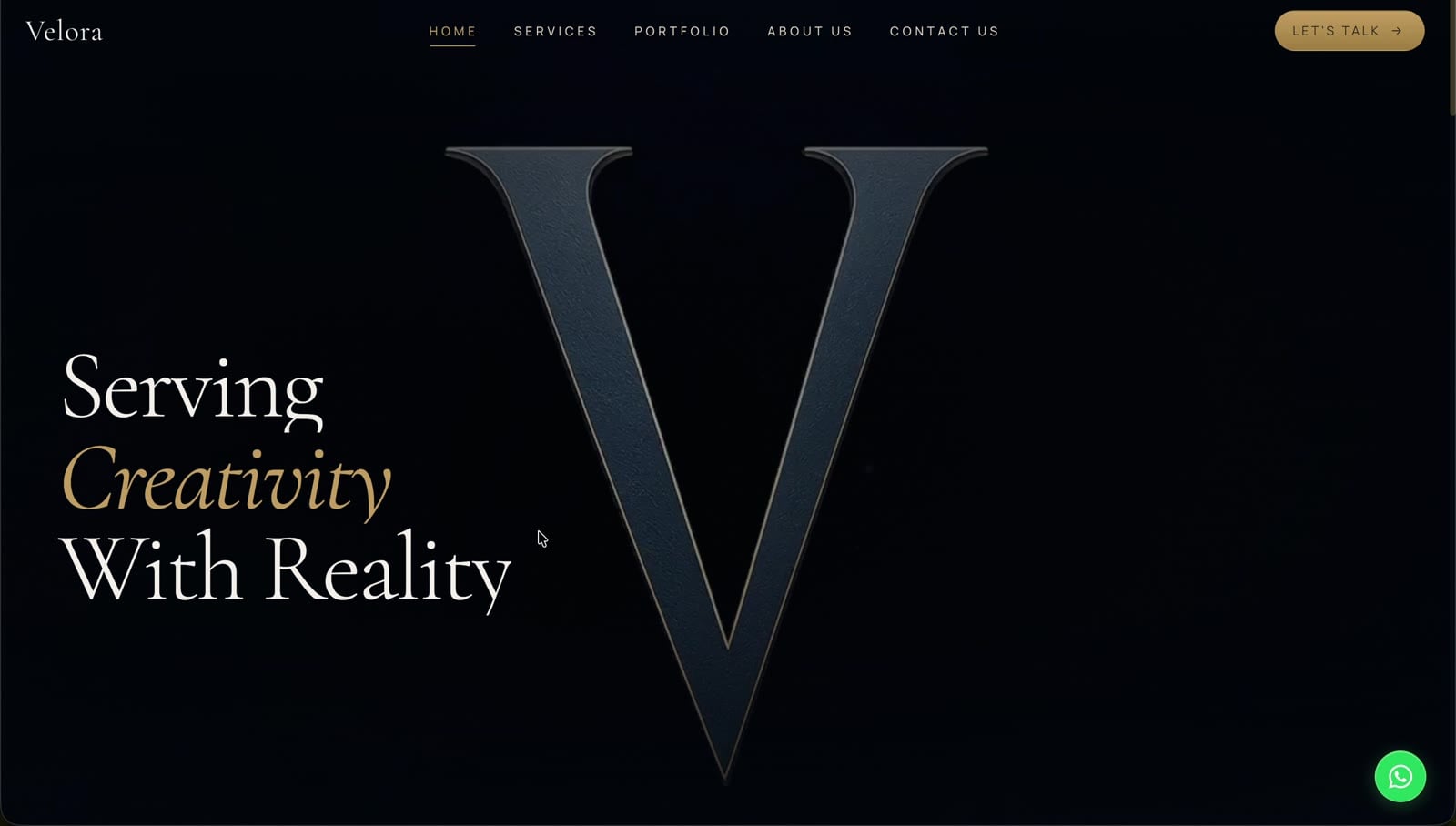 The Velora production homepage — sculptural V, editorial headline and live interactive experience.