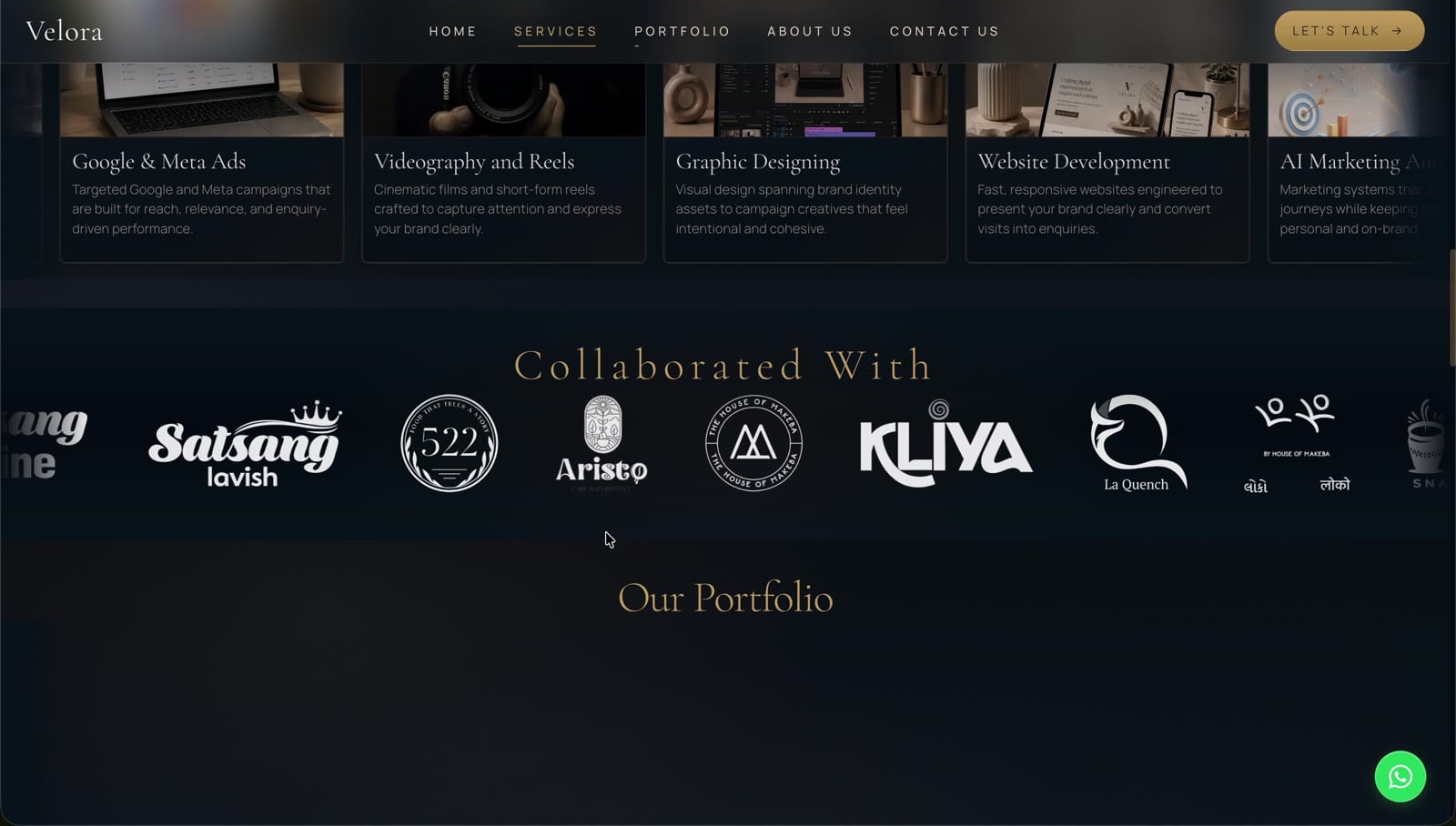 The Velora services, collaborations and portfolio composition.