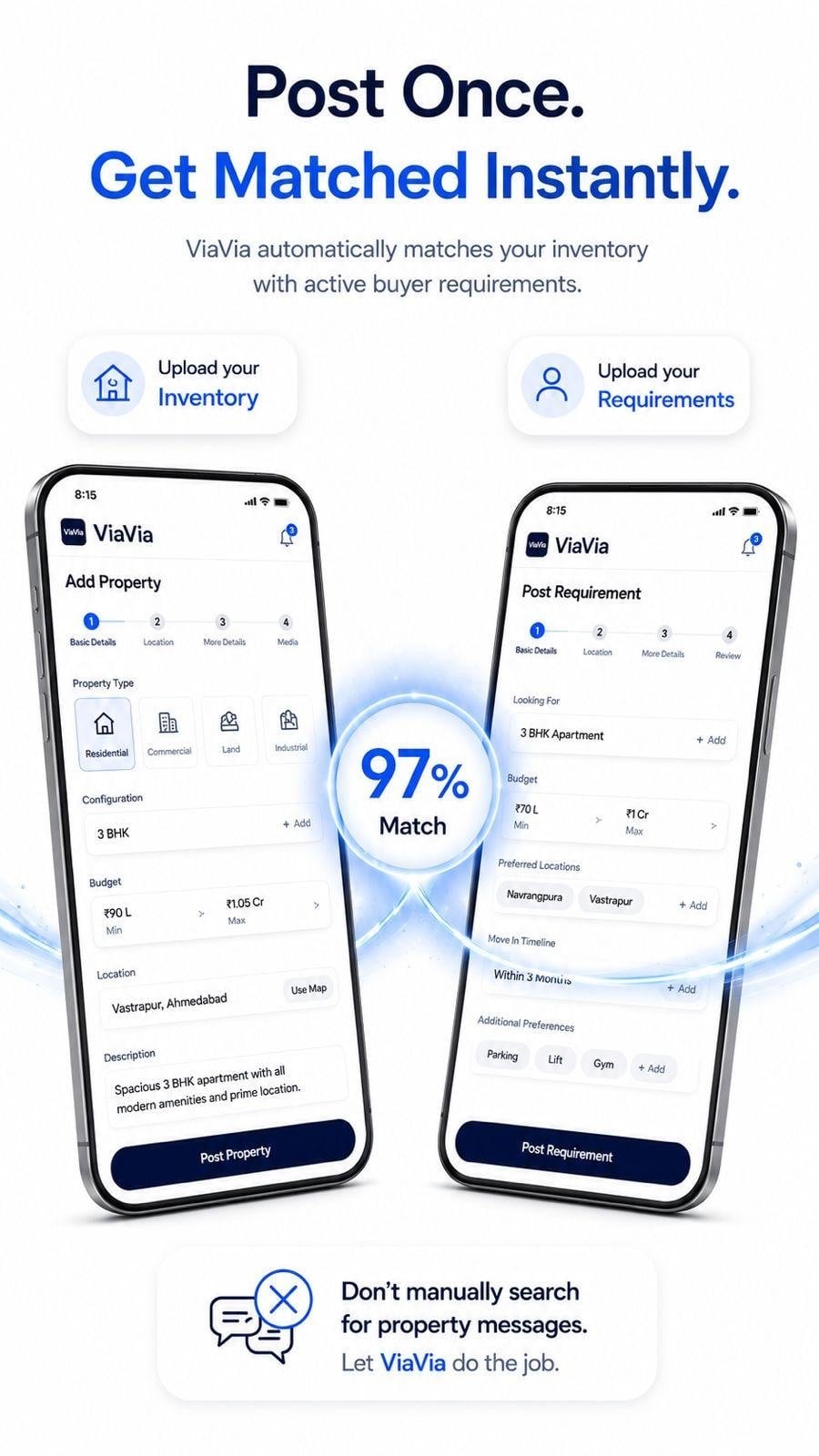 ViaVia finished marketplace — property and requirement posting on iPhone, connected by a 97 percent match.